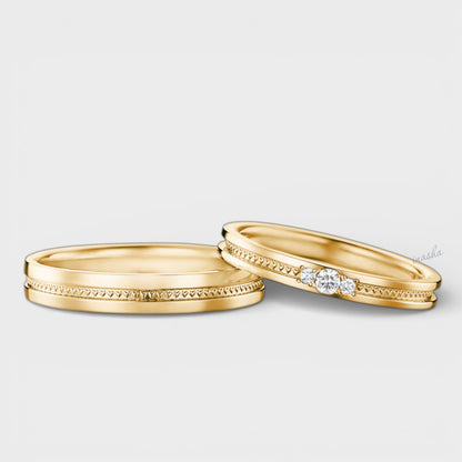 Certified GLI yellow gold lab grown diamond couple ring set with women’s round cut diamond band and men’s classic plain band