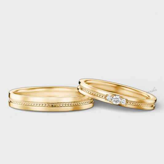 Certified GLI yellow gold lab grown diamond couple ring set with women’s round cut diamond band and men’s classic plain band