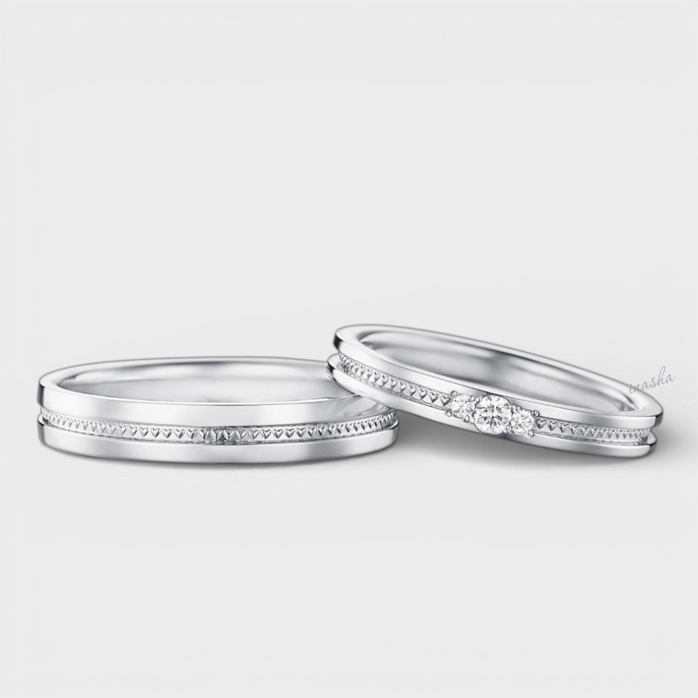 Certified GLI white gold and platinum lab grown diamond couple ring set with women’s diamond band and men’s plain band