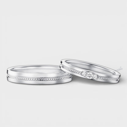 Certified GLI white gold and platinum lab grown diamond couple ring set with women’s diamond band and men’s plain band