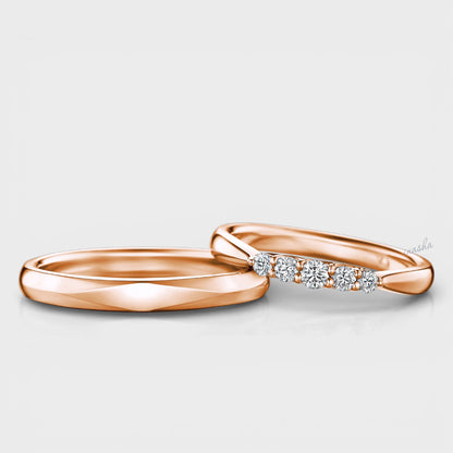 Certified GLI rose gold lab grown diamond couple ring set with women’s round cut diamond band and men’s classic plain band