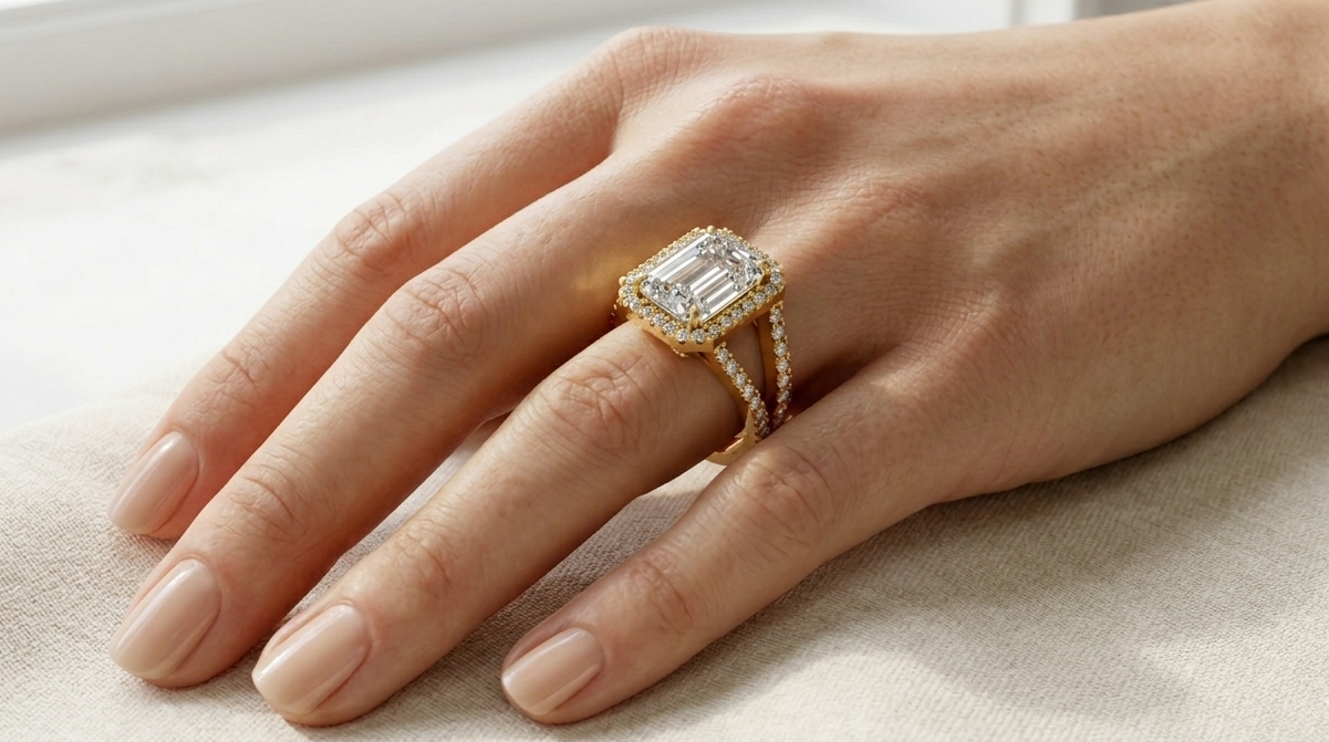  Emerald Halo Diamond Ring In 9K Yellow Gold 