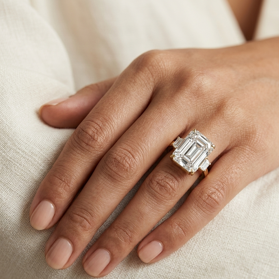 Yellow Gold Emerald Trapezoid Bridal Ring Luxury Jewelry