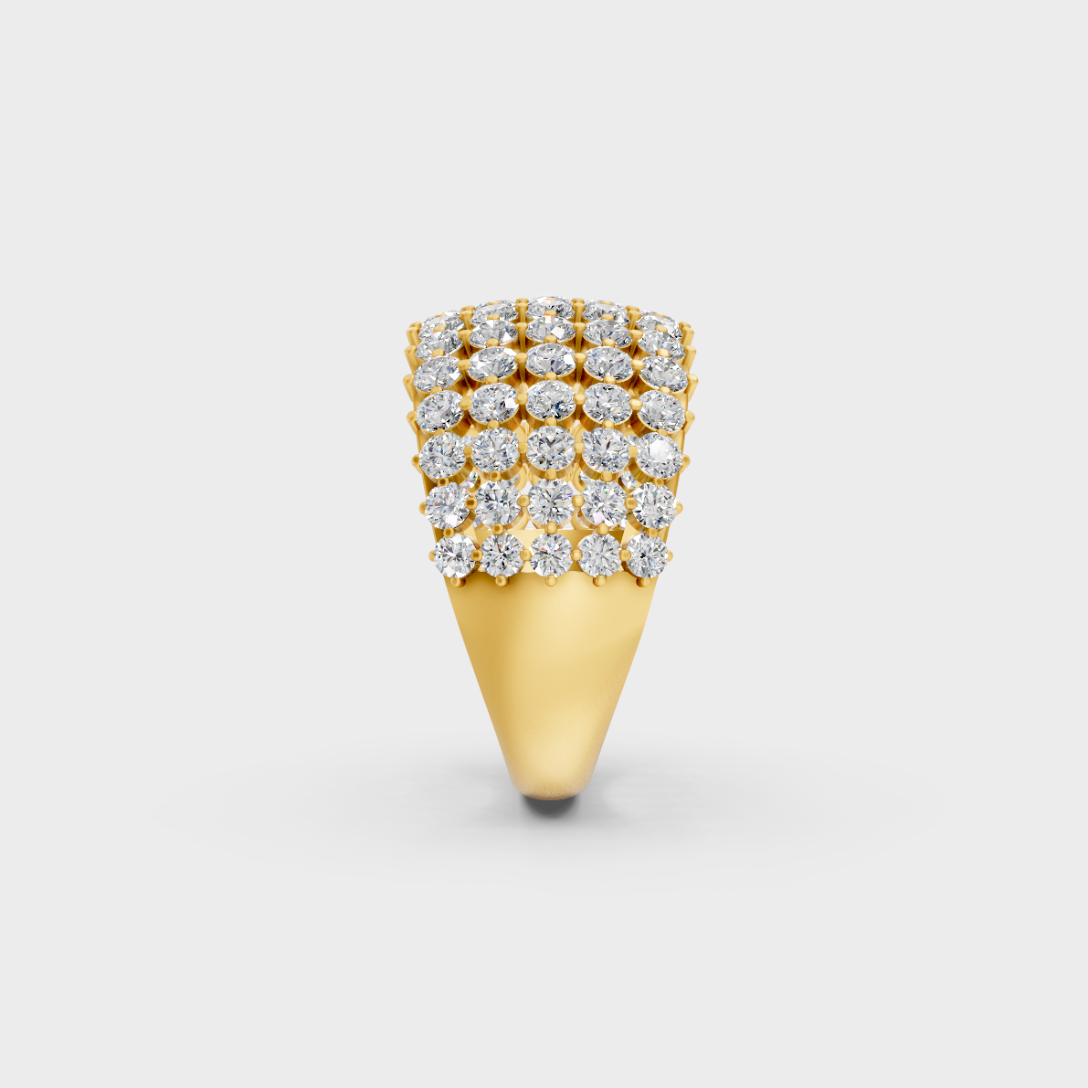 Top-down macro photo of a Sustainable 2 Carat Round Diamond Ring set in rich 18K Yellow Gold.