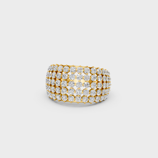 Close up view of a 2 Carat Round Cut Lab-Grown Diamond Cocktail Ring in Solid 14K Yellow Gold.