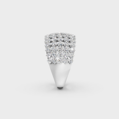 Overhead shot comparing the crisp sheen of a Round Lab Diamond Ring in 950 Platinum vs White Gold.