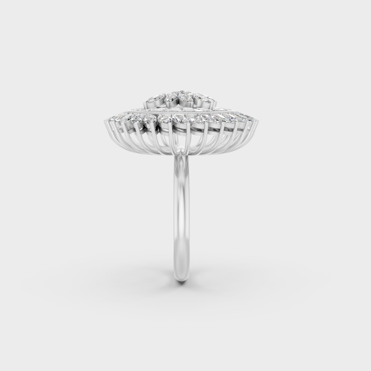 Exquisite craftsmanship details of a Multishape Lab Diamond Statement Ring safely set in 950 Platinum.