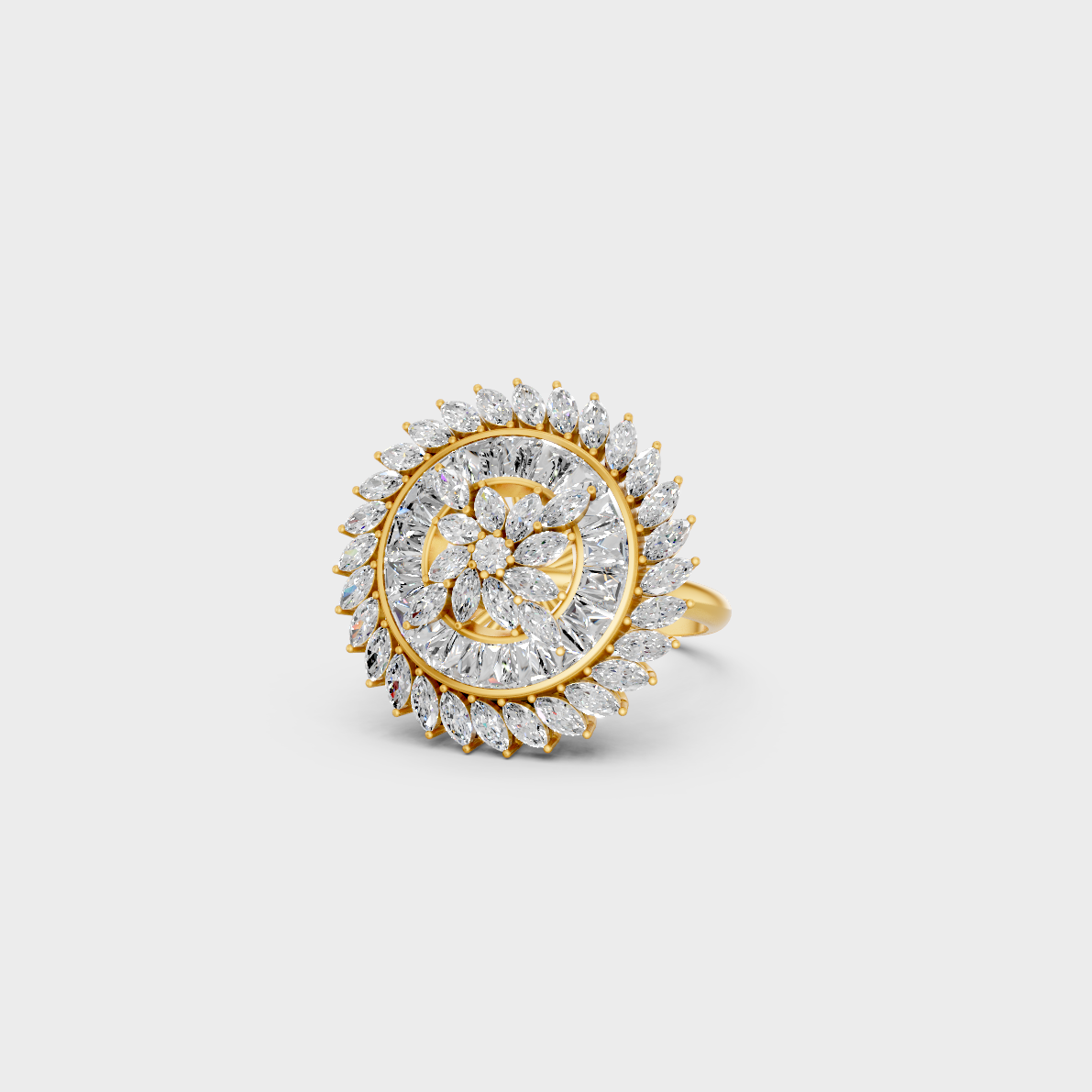 Close-up showcase of a 2.81 Carat Multishape Lab-Grown Diamond Cocktail Ring in 14K Yellow Gold.