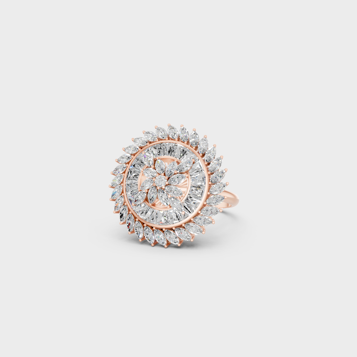 A romantic profile of the 2.81 Carat Multishape Lab-Grown Diamond Cocktail Ring in blush 14K Rose Gold.
