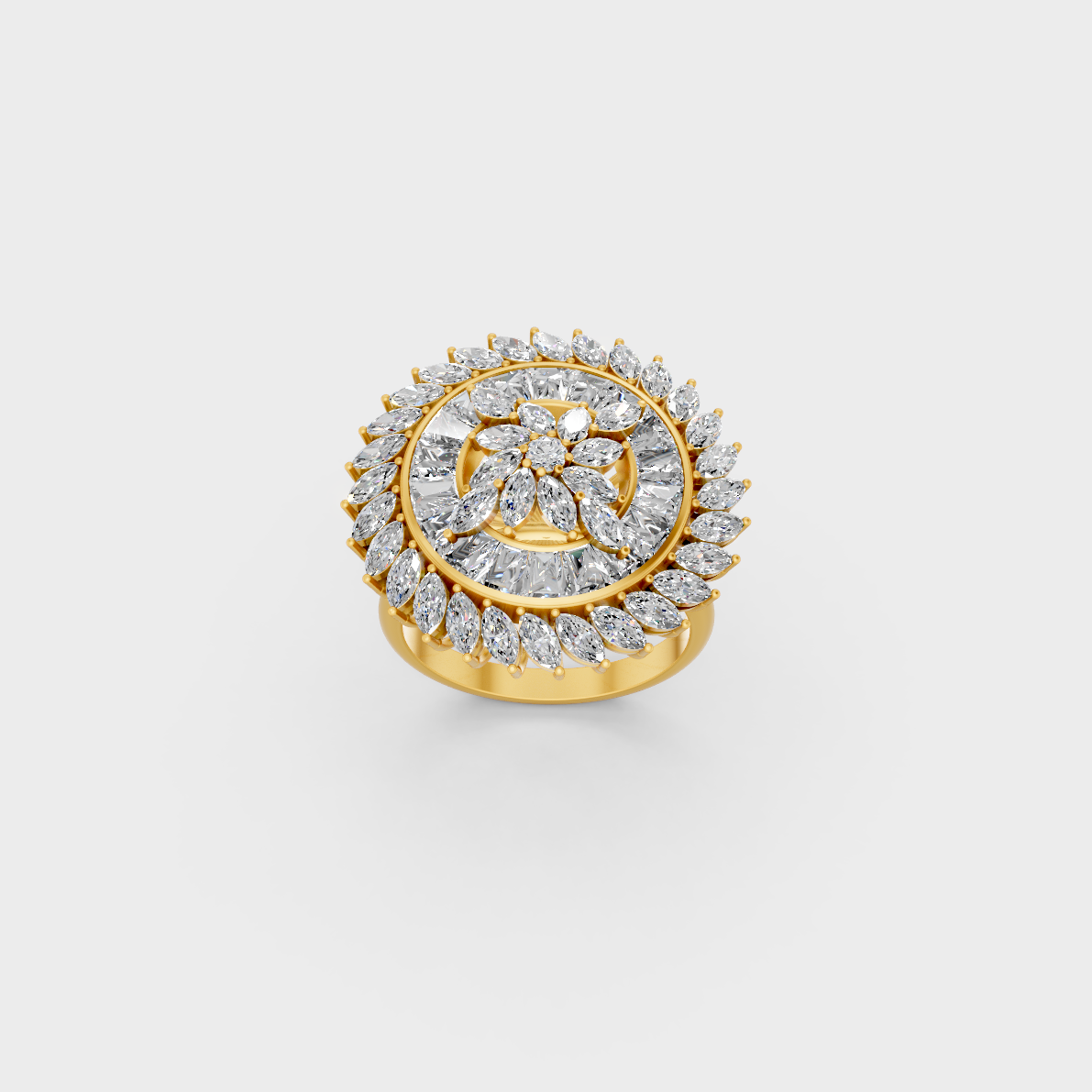 Detailed side view of a Round Marquise Baguette Cut Statement Ring crafted in 18K Yellow Gold.
