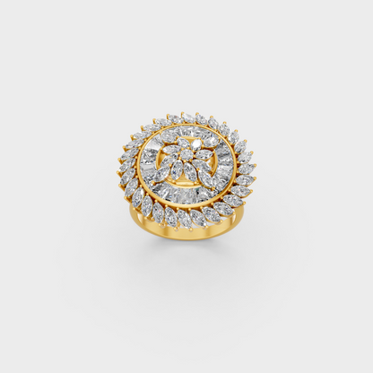 Detailed side view of a Round Marquise Baguette Cut Statement Ring crafted in 18K Yellow Gold.