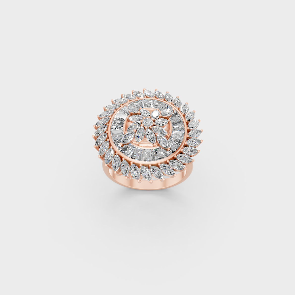 Stunning arrangement of Round, Marquise, and Baguette Cut Diamonds set against a 18K Rose Gold Band.