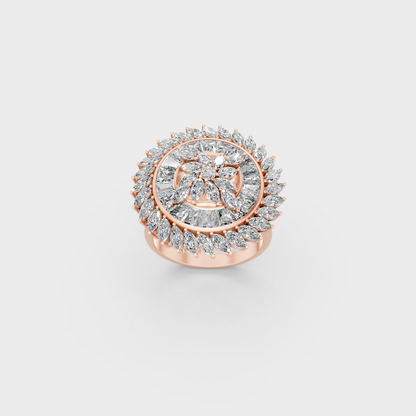 Stunning arrangement of Round, Marquise, and Baguette Cut Diamonds set against a 18K Rose Gold Band.