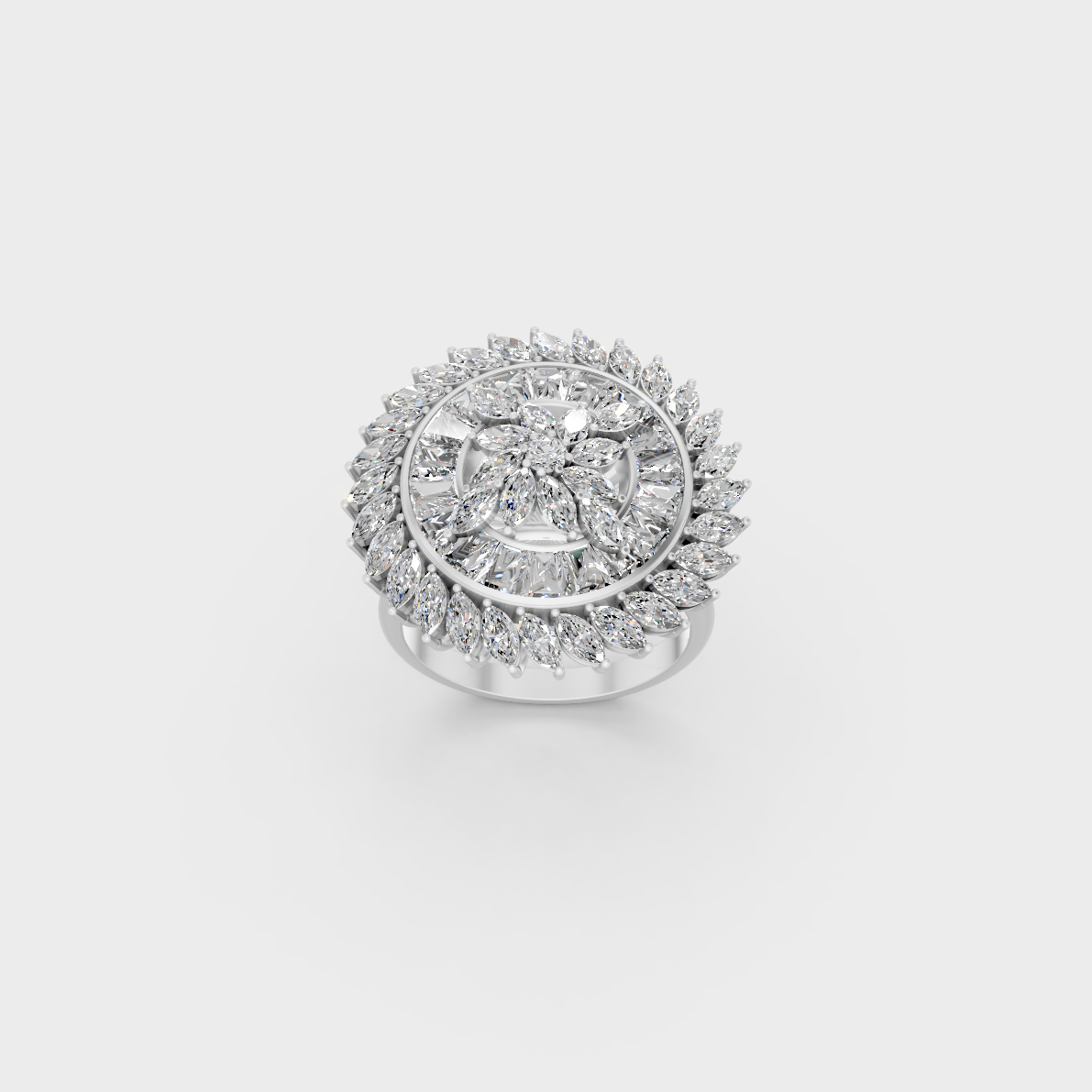 Seamless layout of Round Marquise Baguette Cut Diamonds resting on an 18K White Gold Band.
