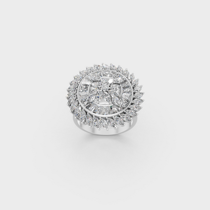 Seamless layout of Round Marquise Baguette Cut Diamonds resting on an 18K White Gold Band.
