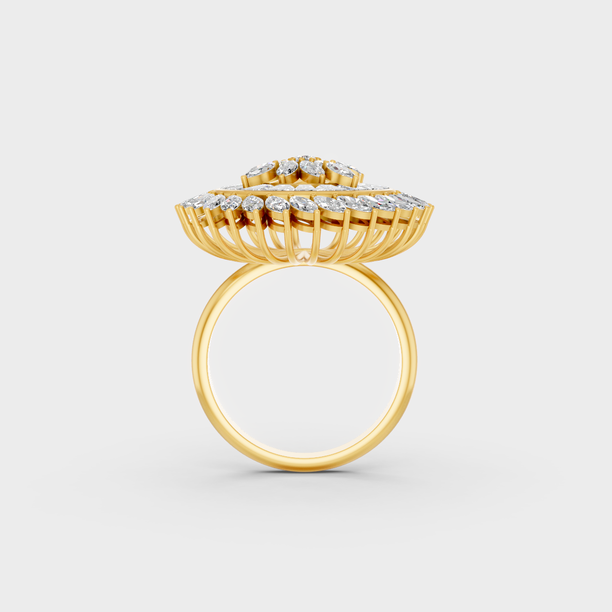 Elegant on-model hand wearing a 2.81ct Multishape Lab Diamond Cocktail Ring on a 9K Yellow Gold Band.