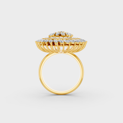 Elegant on-model hand wearing a 2.81ct Multishape Lab Diamond Cocktail Ring on a 9K Yellow Gold Band.