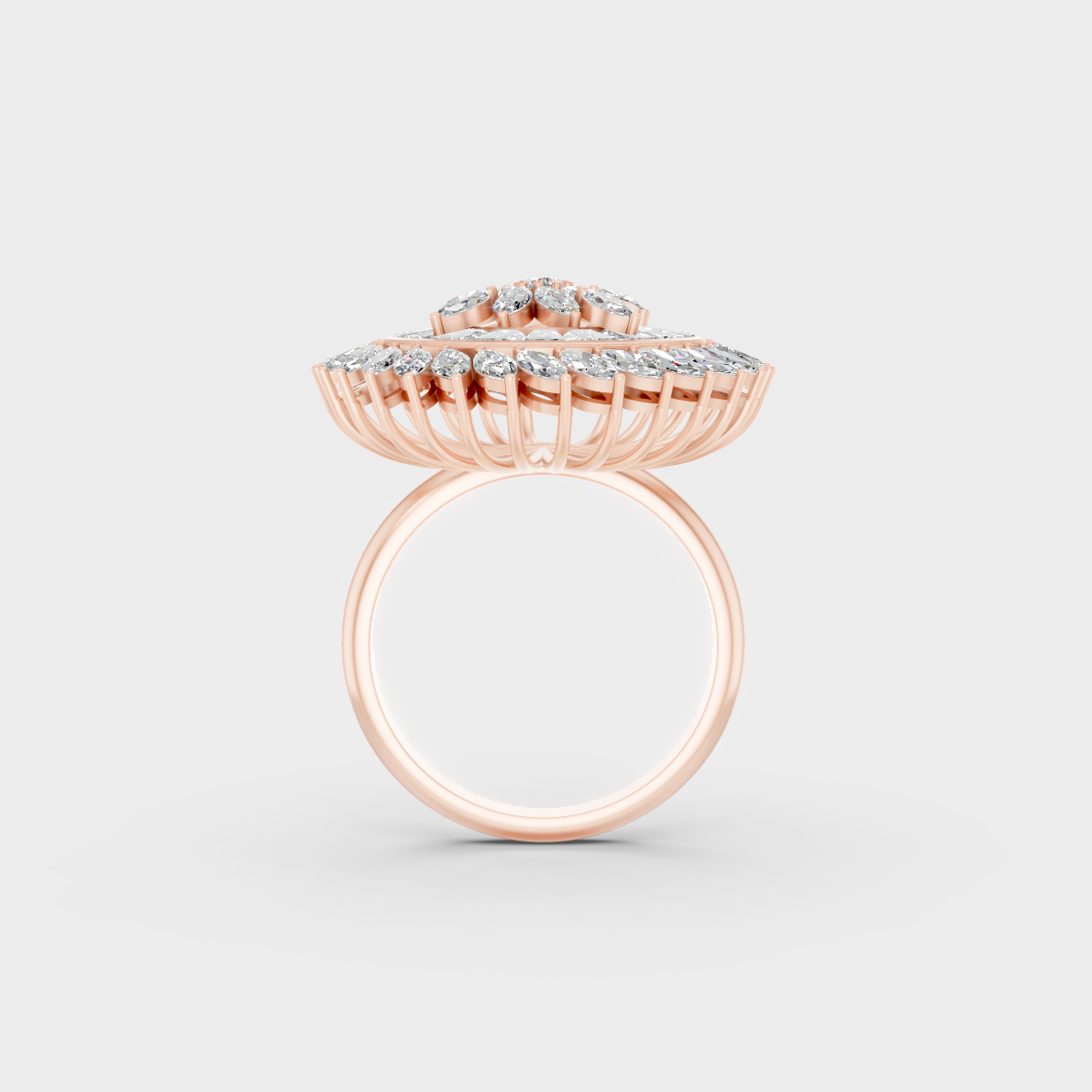 Top-down luxury studio image highlighting the Brilliant Sparkle of a 2.81ct Multishape Ring in 9K Rose Gold.