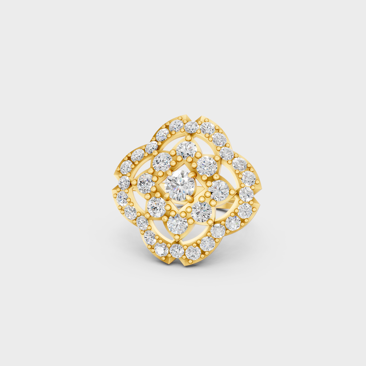 Close-up view of a 3.29 Carat Round Cut Lab-Grown Diamond Cocktail Ring in polished 14K Yellow Gold.
