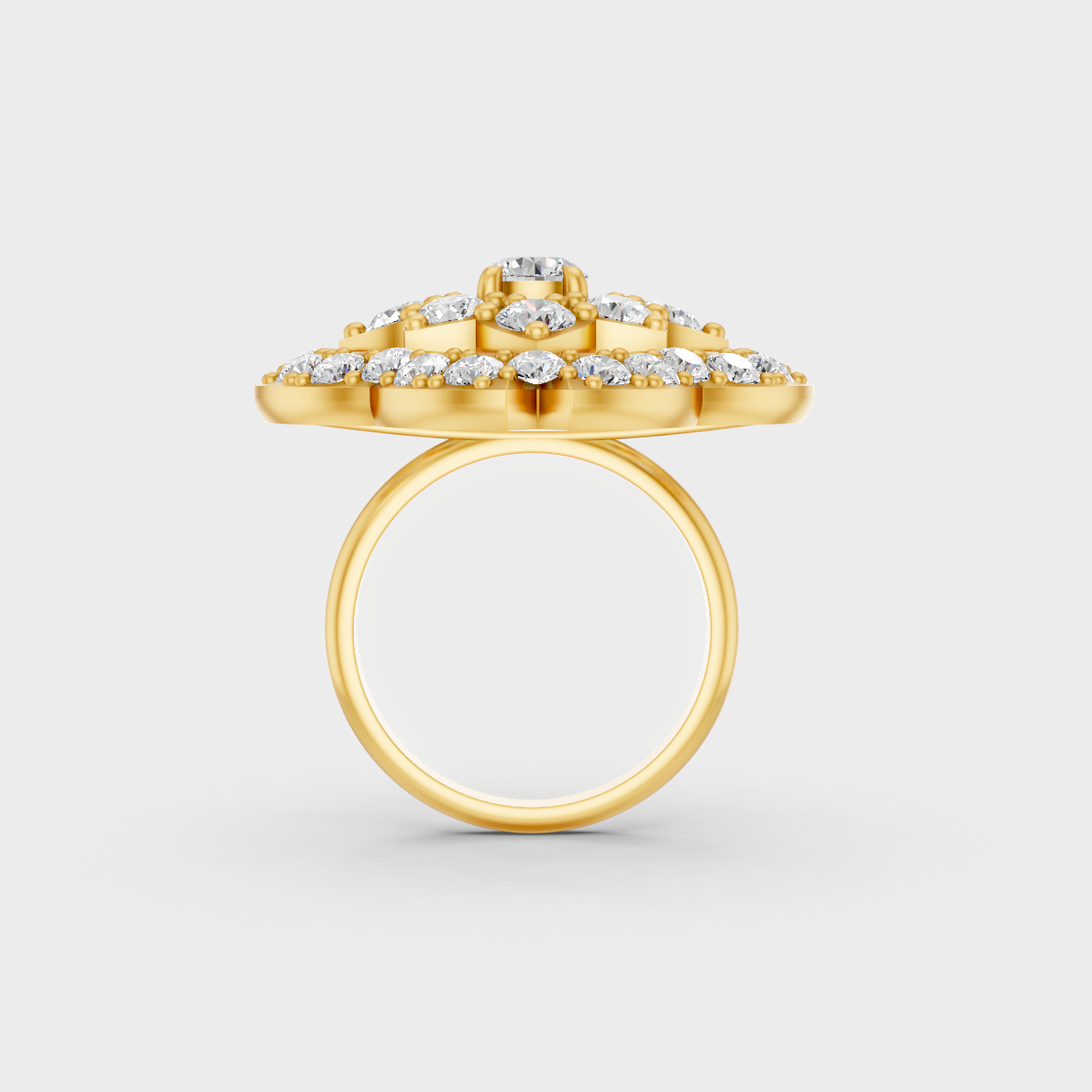 Top-down macro photo of a Sustainable 3.29 Carat Round Diamond Ring set in rich, classic 18K Yellow Gold.