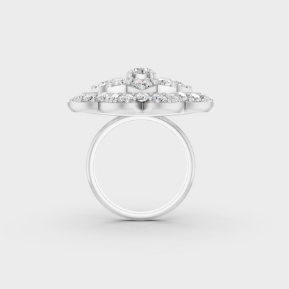 Exquisite prong details securing a massive Round Cut Lab Diamond on a polished 950 Platinum Band.