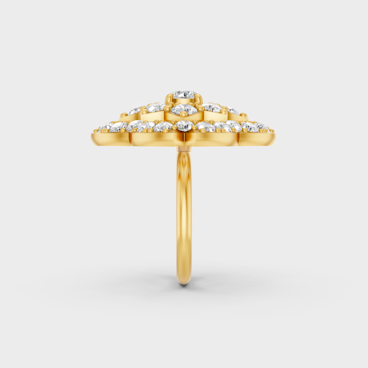 On-model hand wearing a 3.29ct Round Lab-Grown Diamond Cocktail Ring showing its Brilliant Sparkle in 9K Yellow Gold.