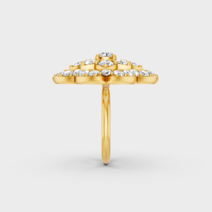 On-model hand wearing a 3.29ct Round Lab-Grown Diamond Cocktail Ring showing its Brilliant Sparkle in 9K Yellow Gold.