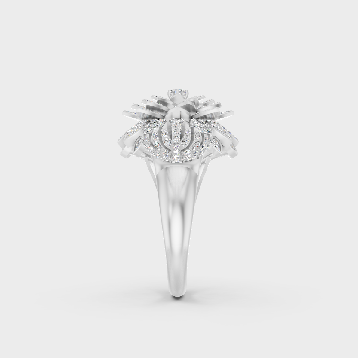 Exquisite prong details securing the Round and Pear Cut Lab Diamonds on a polished 950 Platinum Band.
