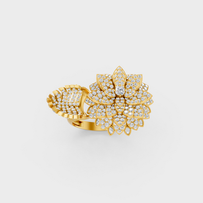 Side profile of an Ethical Luxury Statement Ring showcasing a Round and Pear Brilliant Lab Diamond on an 18K Yellow Gold Band.