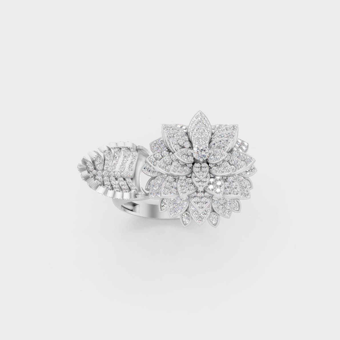 Front view of an Ethical Luxury Statement Ring with a Round and Pear Brilliant Diamond secured in 14K White Gold.