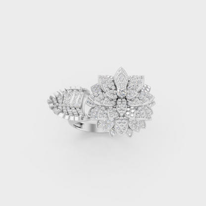 Front view of an Ethical Luxury Statement Ring with a Round and Pear Brilliant Diamond secured in 14K White Gold.