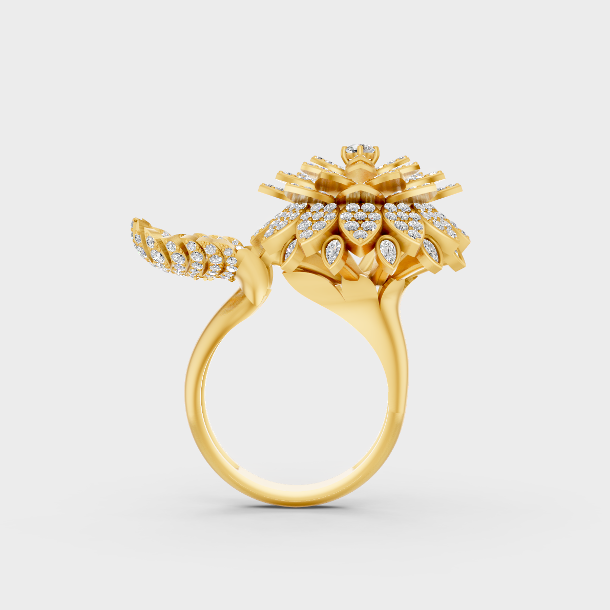 On-model hand wearing a 2.41ct Round and Pear Diamond Cocktail Ring displaying its Brilliant Sparkle in 9K Yellow Gold.