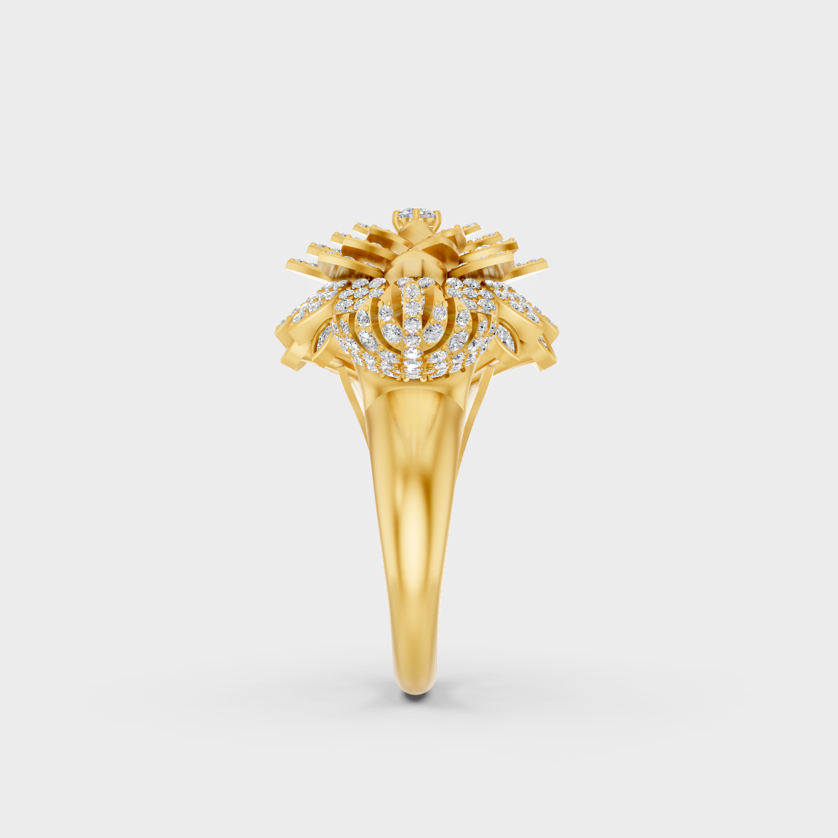Top-down macro photo of a Sustainable 2.41 Carat Multi-Shape Diamond Ring set in classic 18K Yellow Gold.