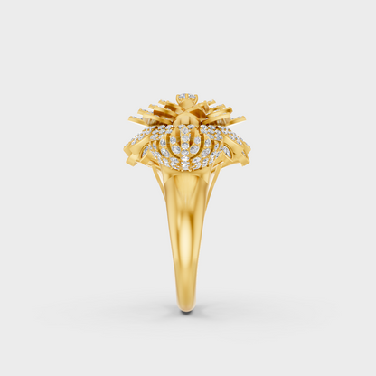 Top-down macro photo of a Sustainable 2.41 Carat Multi-Shape Diamond Ring set in classic 18K Yellow Gold.