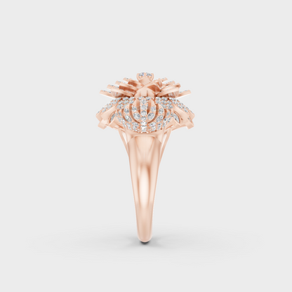 A Sustainable Lab-Created Diamond Statement Ring catching the light on a warm 18K Rose Gold Band.