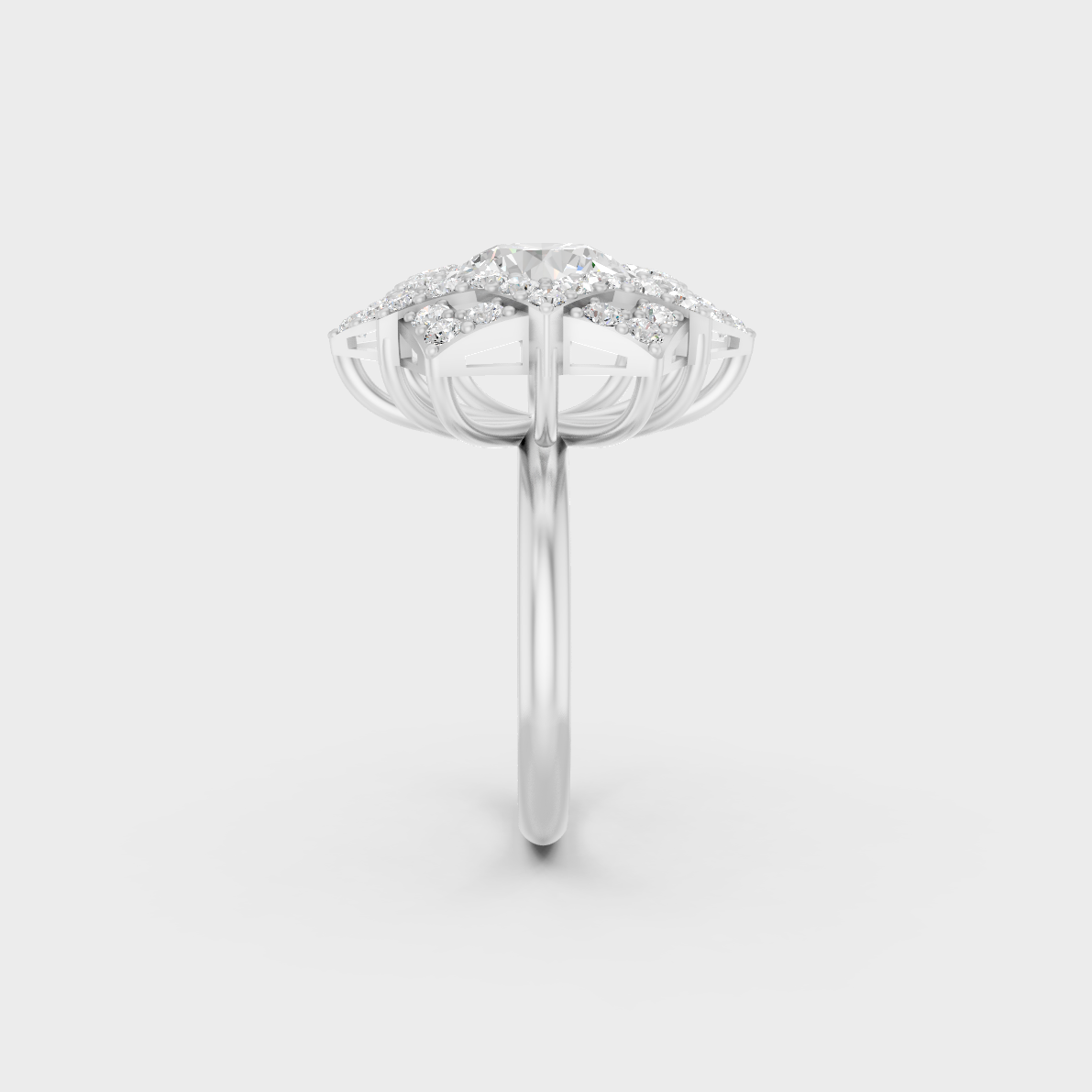 Exquisite prong details securing a massive Round Cut Lab Diamond on a polished 950 Platinum Band.