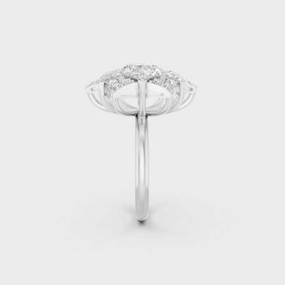 Exquisite prong details securing a massive Round Cut Lab Diamond on a polished 950 Platinum Band.