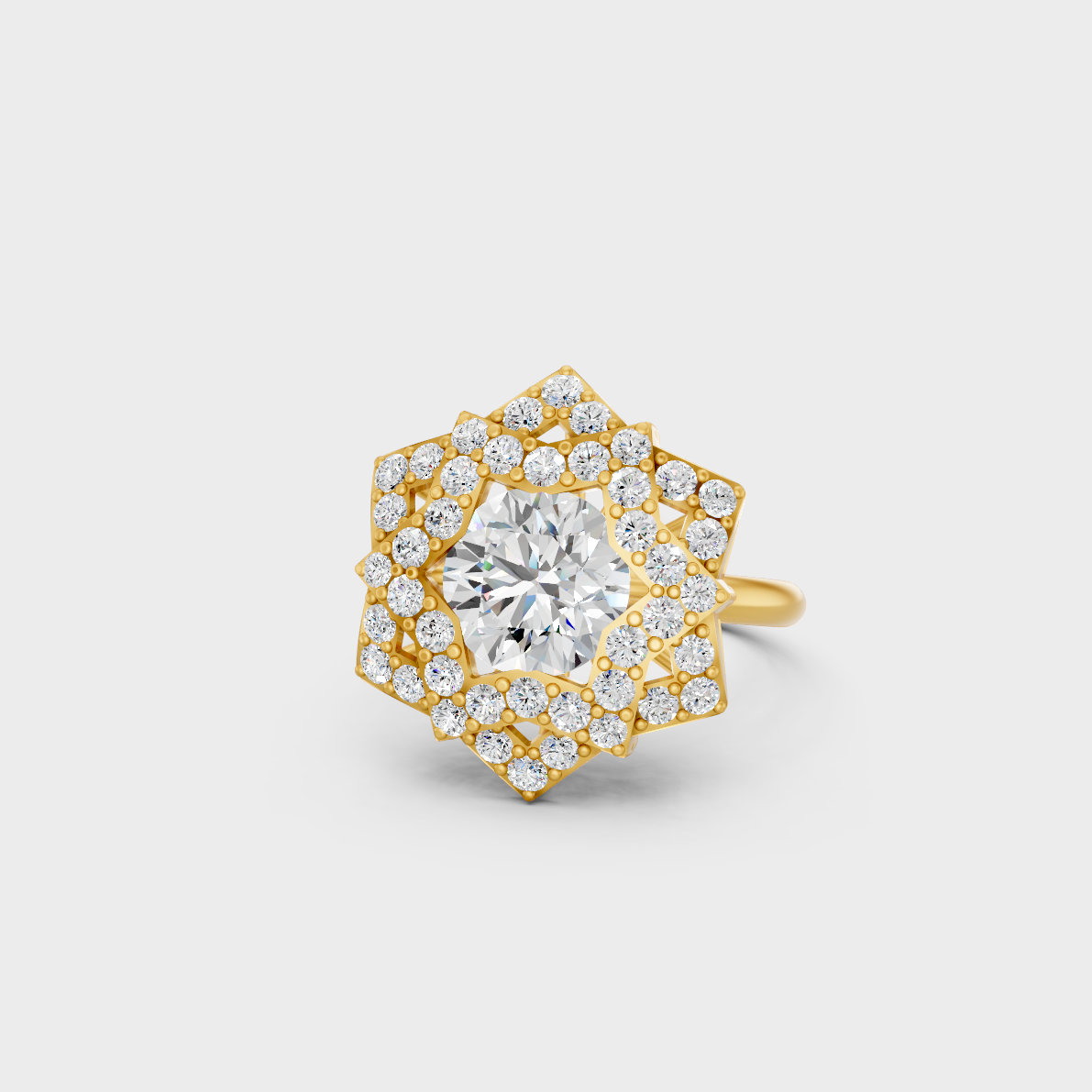 Close-up view of a 2.85 Carat Round Cut Lab-Grown Diamond Cocktail Ring in polished 14K Yellow Gold.