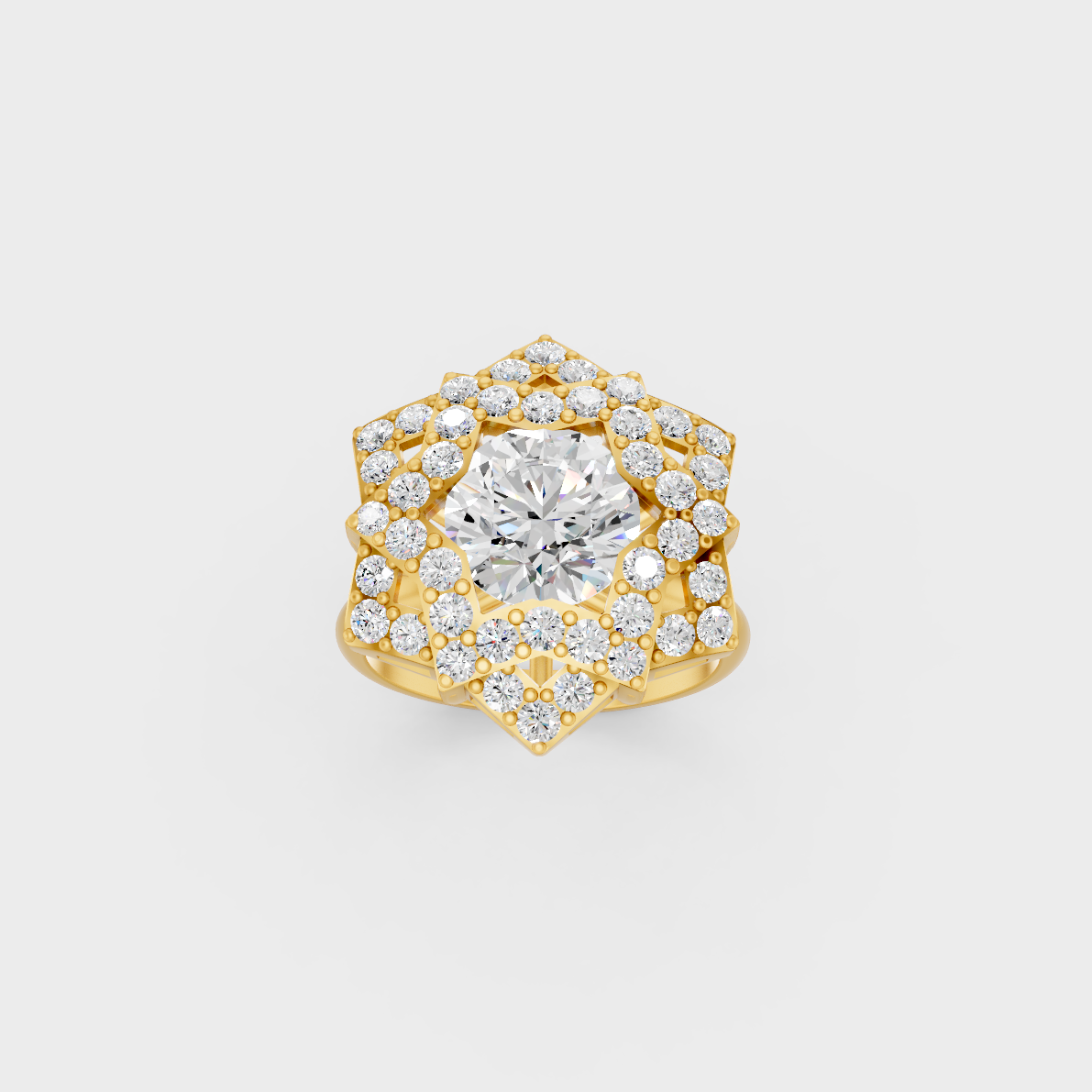 Side profile of an Ethical Luxury Statement Ring showcasing a Round Brilliant Lab Diamond on an 18K Yellow Gold Band.