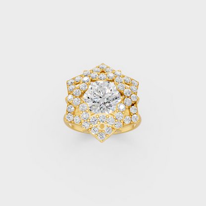 Side profile of an Ethical Luxury Statement Ring showcasing a Round Brilliant Lab Diamond on an 18K Yellow Gold Band.