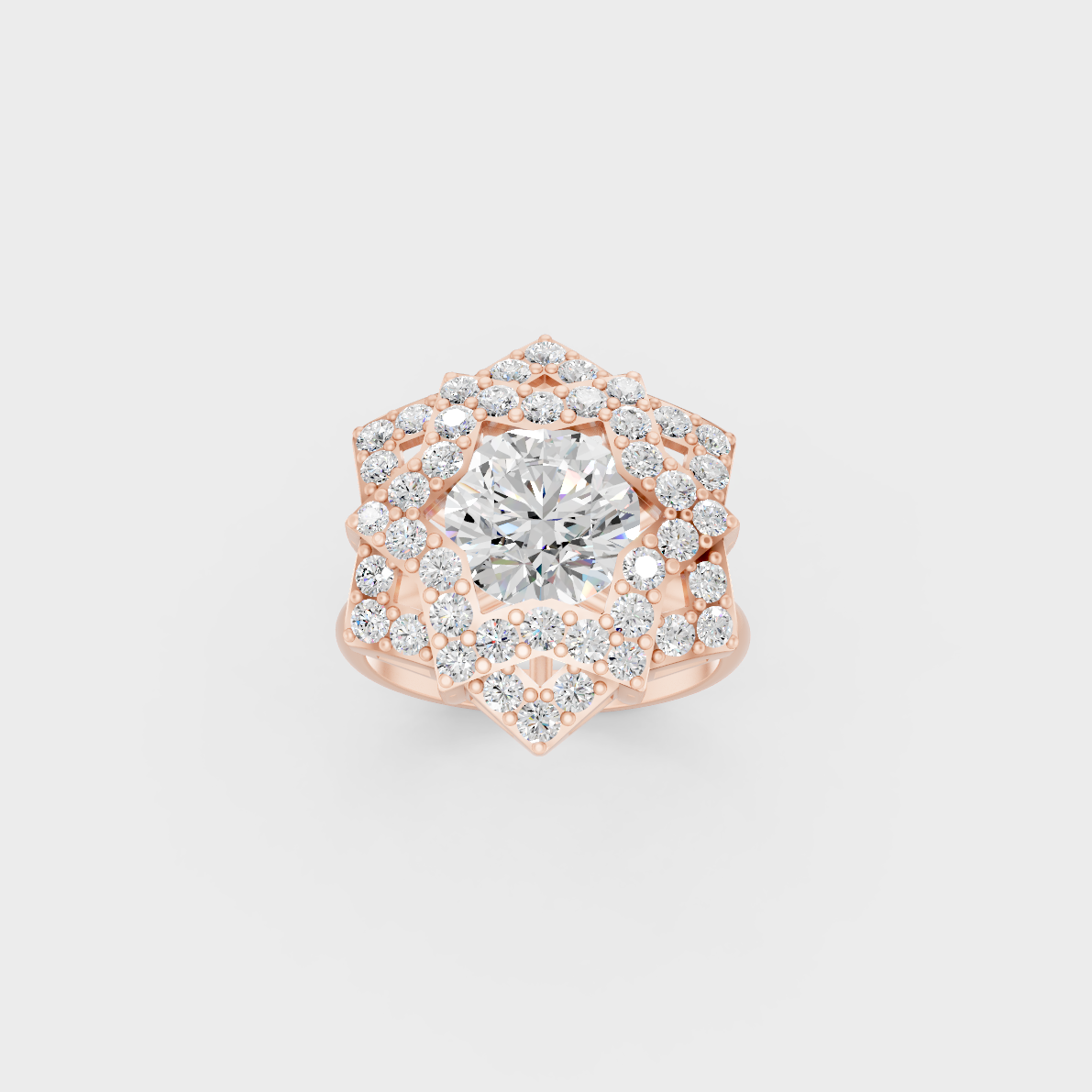 Stunning Round Brilliant Lab Diamond Cocktail Ring exhibiting Ethical Luxury on a 18K Rose Gold Band.