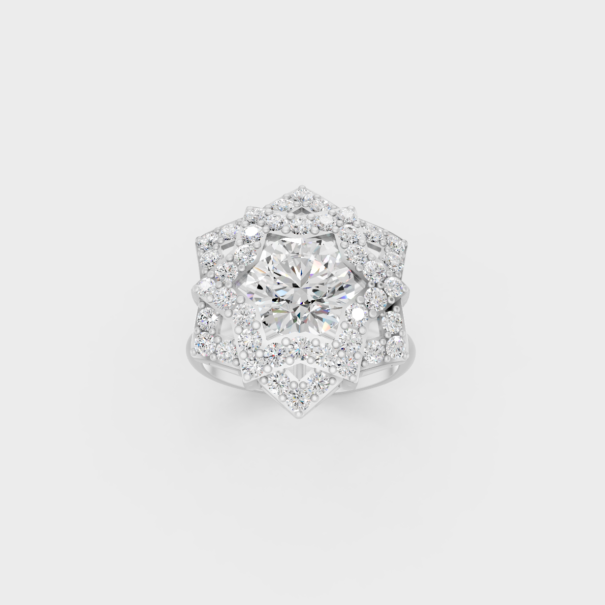 Front view of an Ethical Luxury Statement Ring with a Round Brilliant Diamond secured in 14K White Gold.