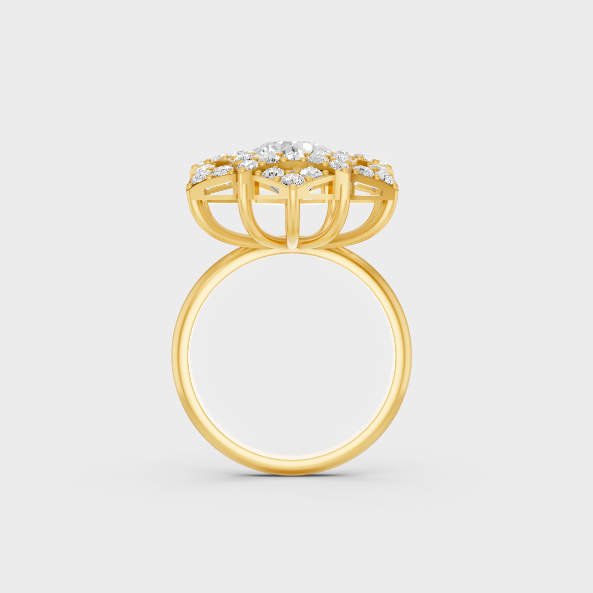 On-model hand wearing a 2.85ct Round Lab-Grown Diamond Cocktail Ring showing its Brilliant Sparkle in 9K Yellow Gold.