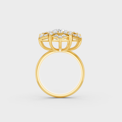 On-model hand wearing a 2.85ct Round Lab-Grown Diamond Cocktail Ring showing its Brilliant Sparkle in 9K Yellow Gold.