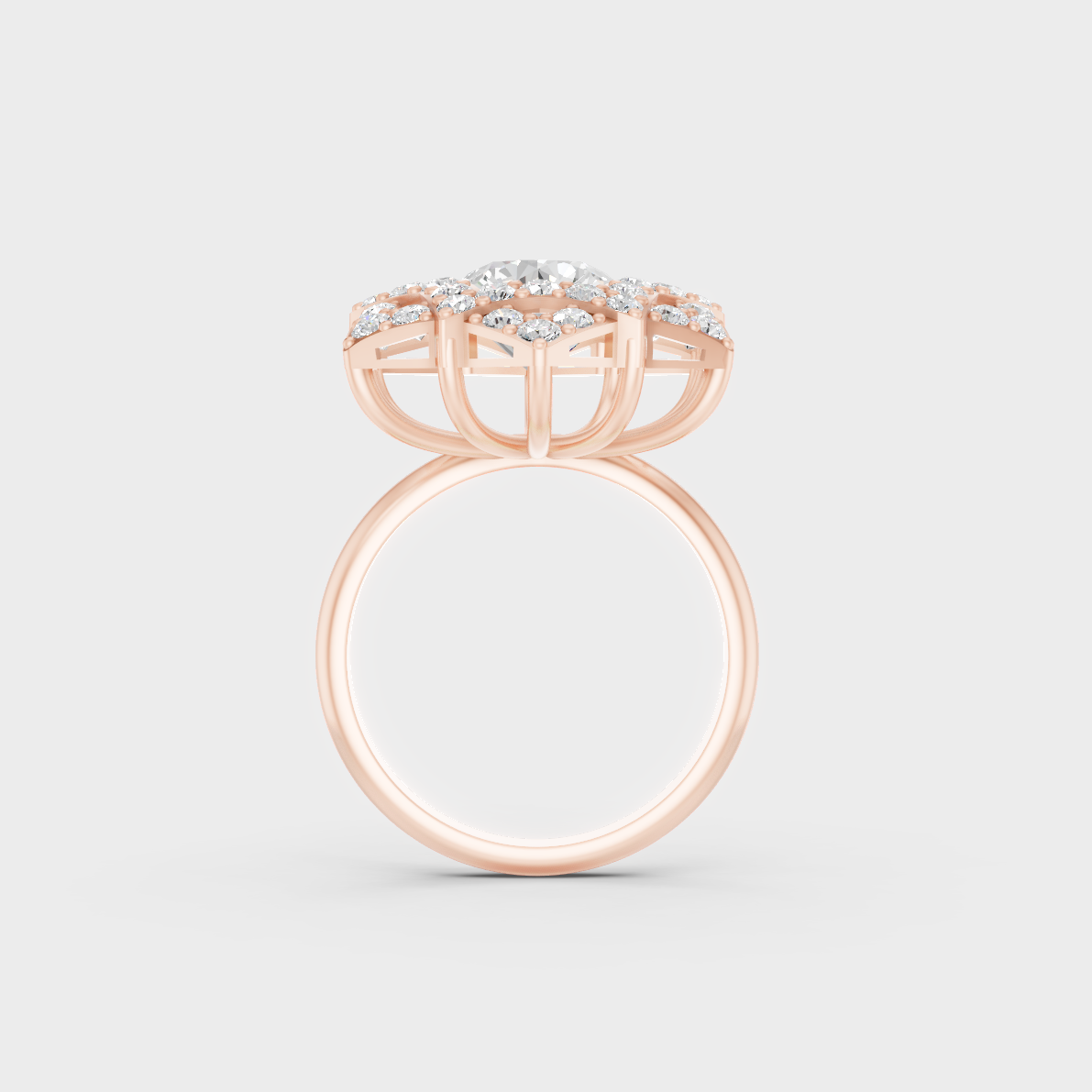 Top-down studio shot displaying the immense Brilliant Sparkle of a 2.85ct Round Diamond Ring in 9K Rose Gold.