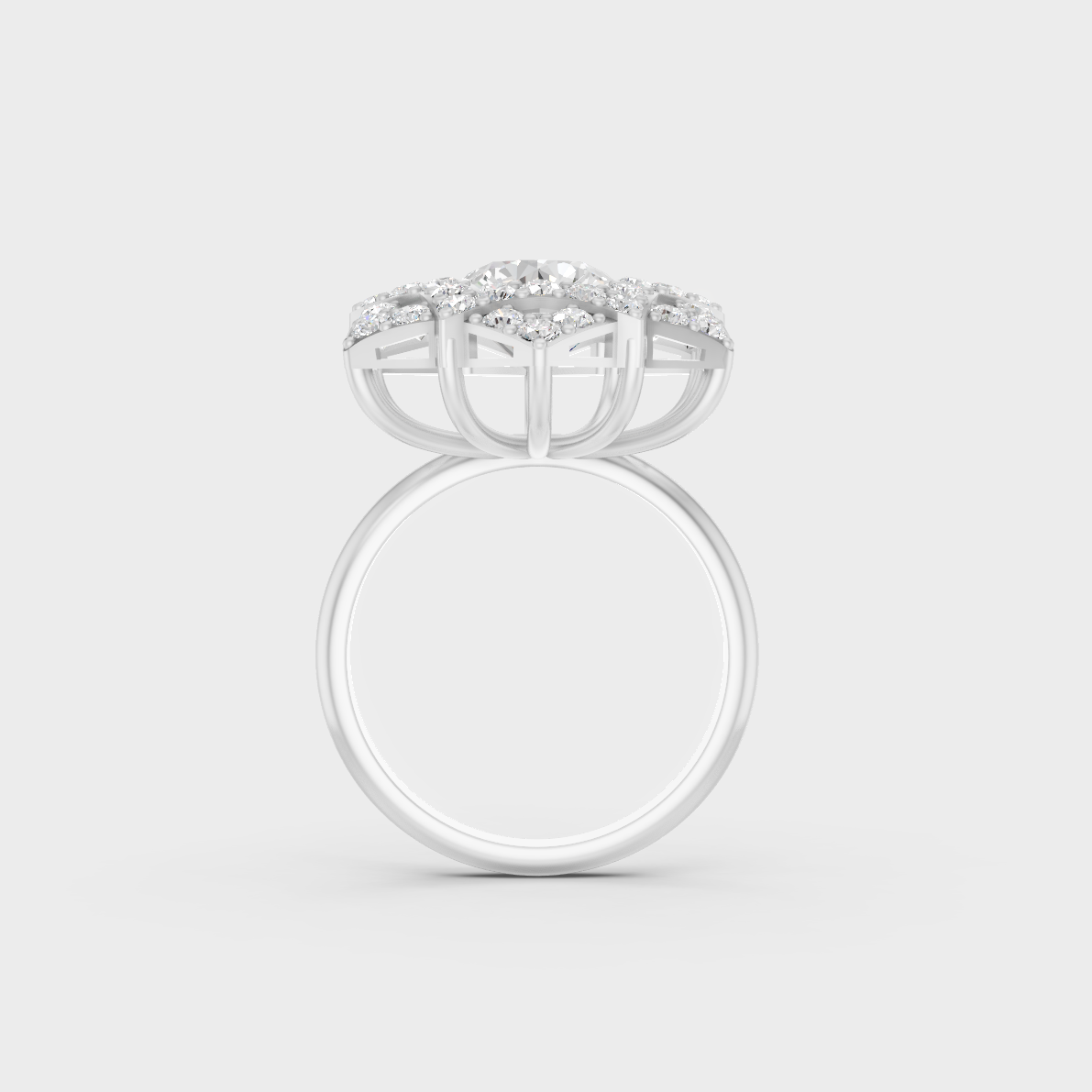 On-finger motion showing off the extraordinary fire and Brilliant Sparkle of a 2.85ct White Gold Cocktail Ring.