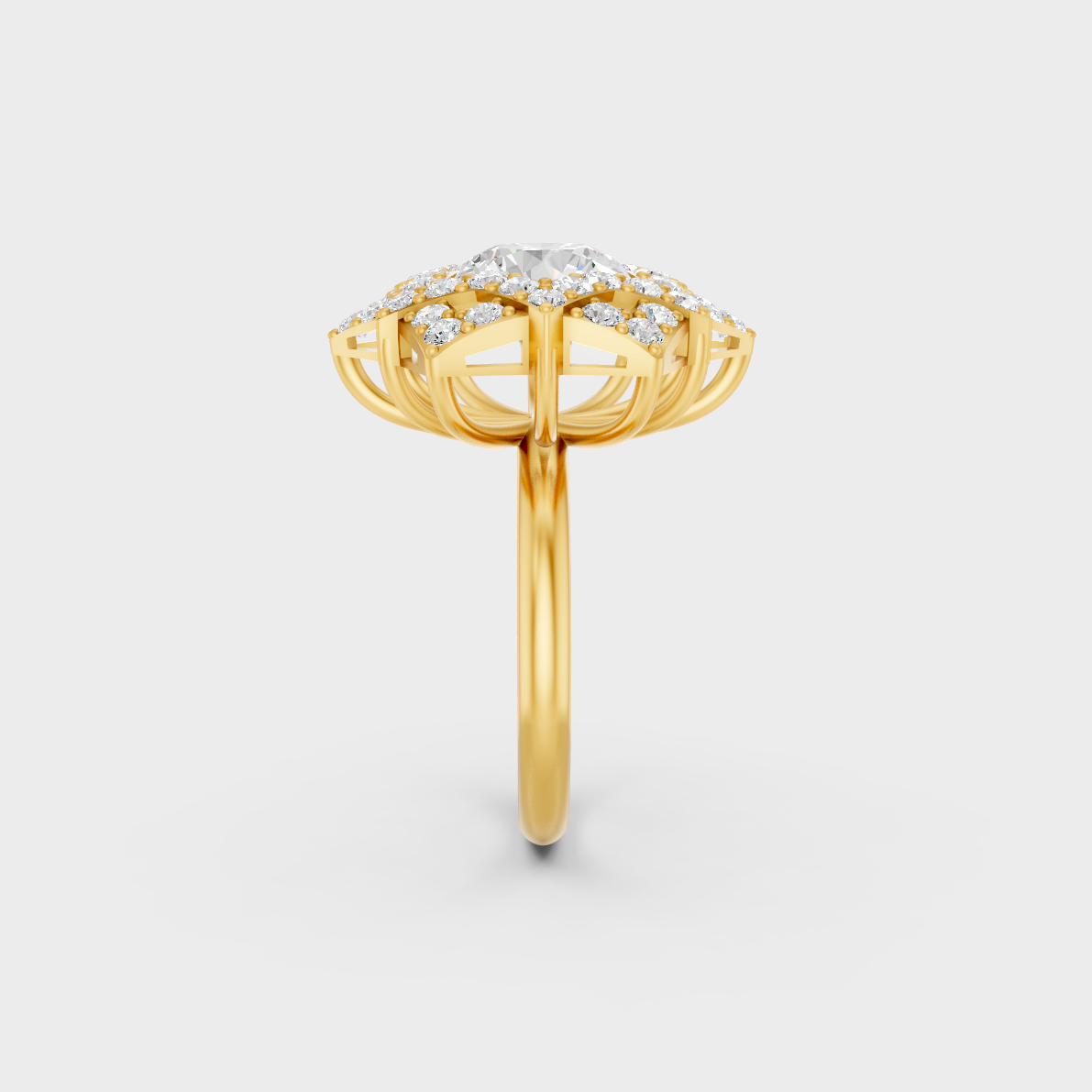 Top-down macro photo of a Sustainable 2.85 Carat Round Diamond Ring set in rich, classic 18K Yellow Gold.
