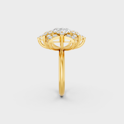 Top-down macro photo of a Sustainable 2.85 Carat Round Diamond Ring set in rich, classic 18K Yellow Gold.