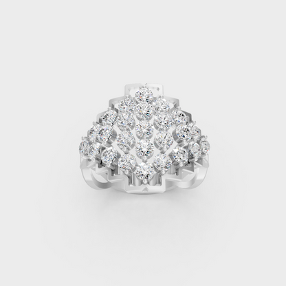 Front view of an Ethical Luxury Statement Ring with a Round Brilliant Diamond secured in 14K White Gold.