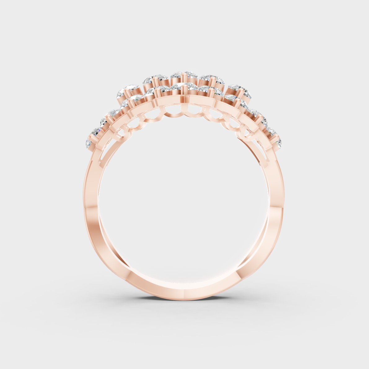 A Sustainable Lab-Created Diamond Statement Ring catching the light on a warm 18K Rose Gold Band.